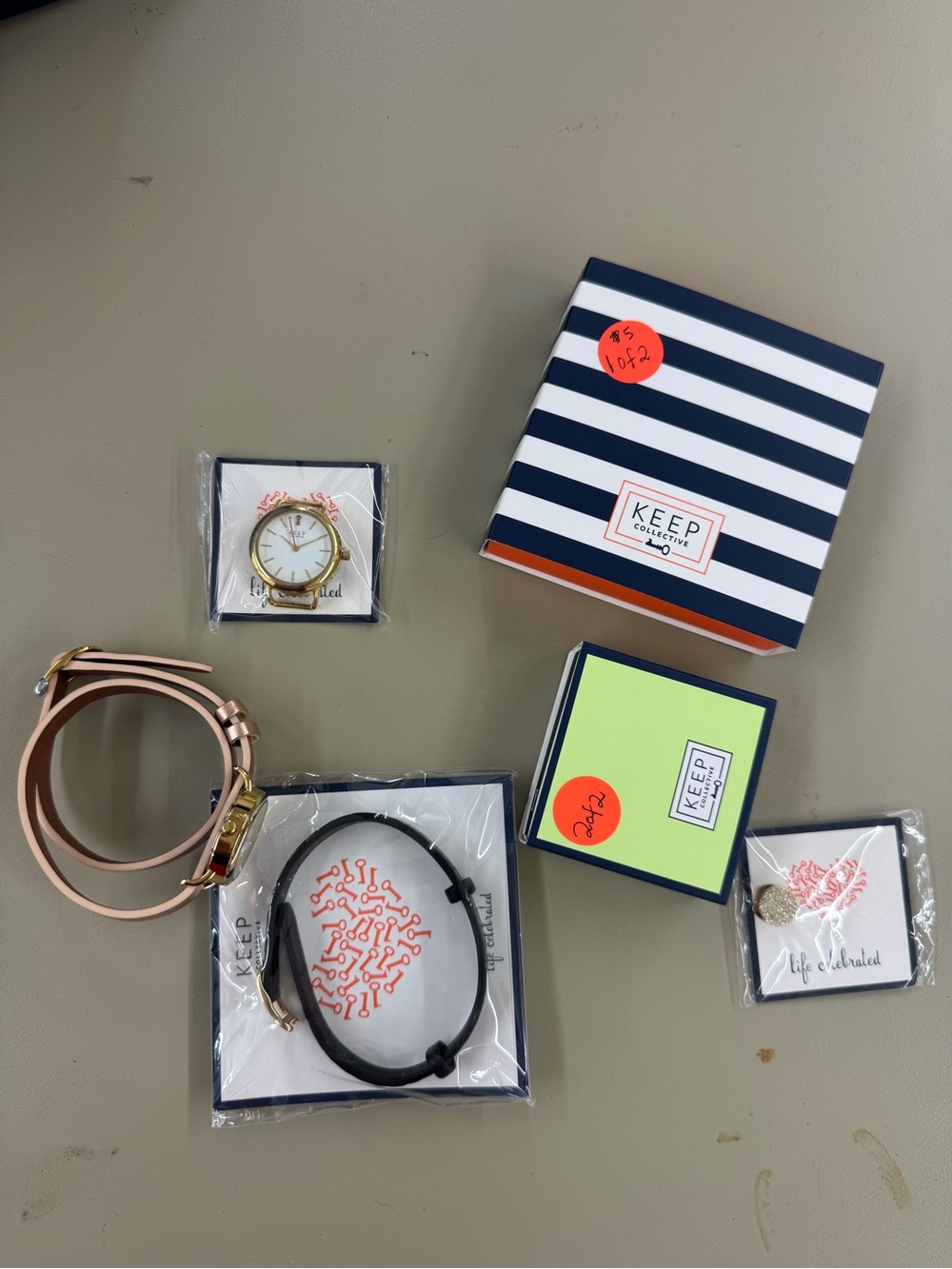 KEEP Collective Gold-Tone Watch with Blush Leather Wrap and Black Bracelet